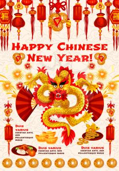 Chinese New Year festive banner with Oriental Spring Festival dragon. Asian lunar calendar animal, festive food, gold ingot and firework greeting card, edged by red lantern, lucky coin and firecracker