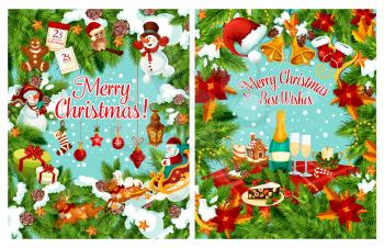 Merry Christmas greeting card for winter holiday celebration happy wishes. Vector Santa New Year gifts, Christmas tree wreath of golden bell decoration, champagne in poinsettia garland in snow