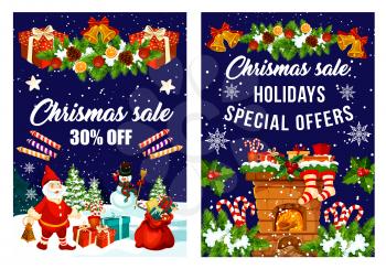 Christmas sale for New Year decorations and fireworks and special holiday season discount offer posters. Vector Xmas gnome with Santa gifts, golden bell in holly wreath or Christmas tree in snow