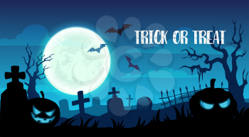 Happy Halloween trick or treat party greeting card. Vector design of pumpkin skull, bats on grave tombstones and full moon in night cemetery background