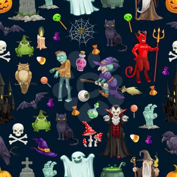 Halloween pattern background of monsers, pumpkins and witch ghosts. Vector Happy Halloween greeting card and trick or treat party seamless design of skeleton skull, devil and vampire with zombie