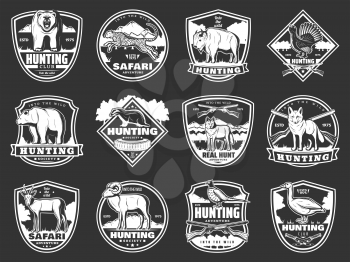 Hunting open season and hunter society club badges. Vector isolated icons of bear, cheetah or wolf and fox, hunter wild birds and African safari animals, hunting equipment guns and traps