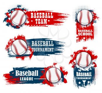 Baseball sport banners with halftone blue and red background. Vector baseball sport championship cup, college team tournament and university league flag with softball ball and champion stars