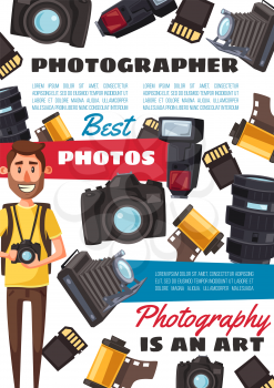 Photographer profession and photo shooting equipment, cameras and film reels. Vector professional photo journalist or studio hobby photographer with digital photocamera, lens and flash