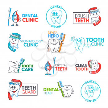 Dental clinic and kid dentistry medical center corporate identity icons. Vector line symbol of cartoon tooth hero character with toothbrush cleaning white teeth and smiling, toothpaste brand sign