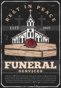 Funeral service agency vintage poster. Vector grunge burial ceremony text Rest in Peace with cemetery crosses, Christian church chapel and roses flowers bunch on wooden coffin