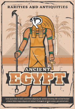 Ancient Egypt treasure, rarity souvenirs and antiquities shop vintage poster. Vector Egypt landmarks travel trips and culture sightseeings, Cairo pyramids, palms and god Ra