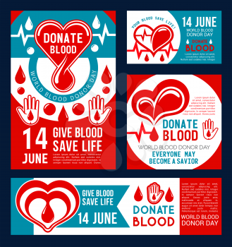 Donate Blood banner set for transfusion medical center template. Drop of donation blood with red heart, helping hand and heartbeat line promo card for World Blood Donor Day design