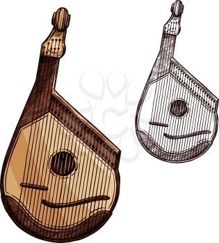 Ukrainian musical instrument bandura isolated sketch. Bandura or kobza, plucked string folk instrument of ukrainian music for ethnic musical festival and concert poster design
