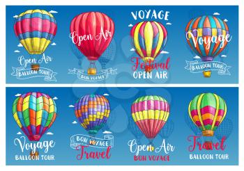 Hot air balloon flying in blue sky sketch banner set. Air balloon with wicker basket and colorful envelope parachute with vintage ribbon banner for travel, ballooning and outdoor adventure design