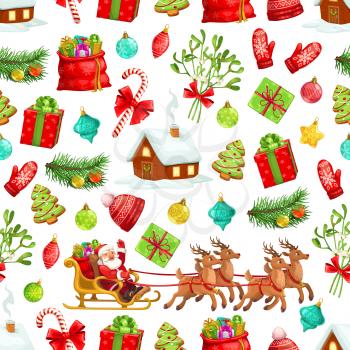 Christmas pattern background of winter holiday celebration symbols. Vector seamless design Xmas tree, Santa with New Year gifts on reindeer sleigh, mistletoe wreath and candy cane