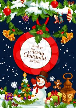 Merry Christmas wish greeting card design of Christmas tree decoration, golden bell, snowman and Santa gifts or garland lights. Vector New Year holly wreath of fir cones for winter holiday season