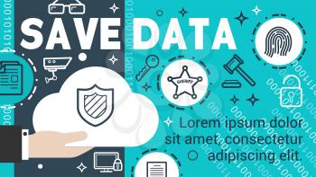 Data security banner for cloud computing technology concept. Cloud with padlock, key and fingerprint poster for data storage and information protection system, global network security service design