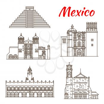 Travel landmark of Mexico and ancient Mesoamerica icon. Sacromonte Church, Aztec Pyramid of Chichen Itza and Saint Augustin Church, Monastery of Santo Domingo and Merida City Hall for tourism design