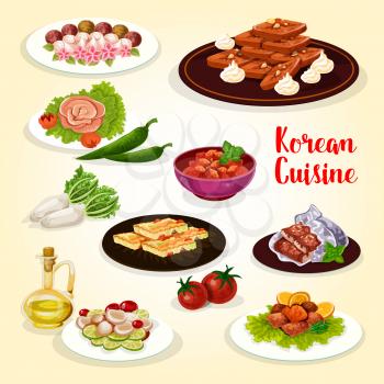 Korean food icon with dishes of national Asian cuisine. Vegetable omelette, rice cake, pickled radish and spicy fish, scallop salad, baked trout and eel fish, fried ginger cookie with nuts