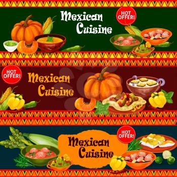 Mexican cuisine restaurant banner with dinner dish and fresh ingredient. Meat taco on corn tortilla with avocado guacamole, meatball soup, fried fish and seafood ceviche, onion and pumpkin cream soup