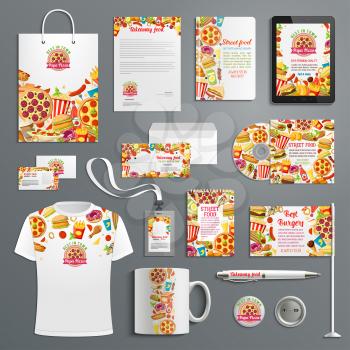 Fast food restaurant corporate identity template set with burger, hot dog and pizza, fries, donut and chicken nugget. Branded document layout, menu cover and office stationery for fastfood cafe design