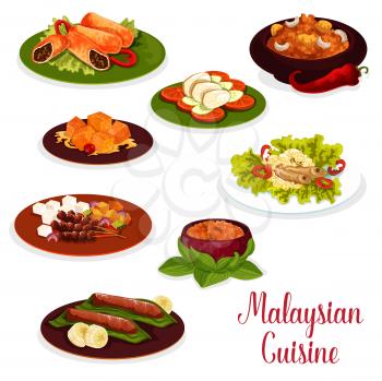 Malaysian cuisine dinner icon with asian dessert. Baked fish with rice, grilled chicken and meat pancake roll, ginger chicken with vegetable, lamb and potato beef stew, banana and pumpkin dessert