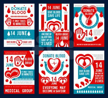 Blood donation medical banner set of World Blood Donor Day. Red heart with drop of blood, helping hand and transfusion laboratory test tube promo flyer for health charity themes design