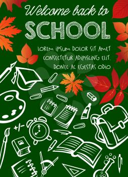 Back to School autumn eduction season poster on green chalkborad background. Vector mathematics formula, school bag or geography globe and biology microscope or literature book and paint brush
