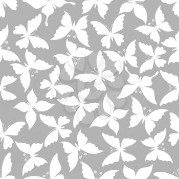 Butterflies seamless patterns. Vector pattern of white butterfly silhouette on gray background