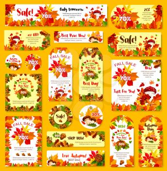 Autumn sale price off tag, shop web banner or leaflet and shopping store poster templates with 30, 50 and 70 percent discount. Vector set of autumn maple leaf, oak acorn or rowan berry and mushroom