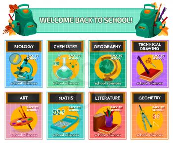 School subjects card for back to school and education poster template. Geography, biology, chemistry, physics, maths, art, geometry and literature banner with school supplies and science equipment