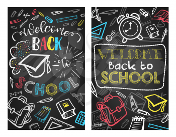 Back to School education season poster design on chalk blackboard background. Vector school bag, book or paint brush and maple leaf, chemistry notebook or ruler and maple leaf, clock and pencil