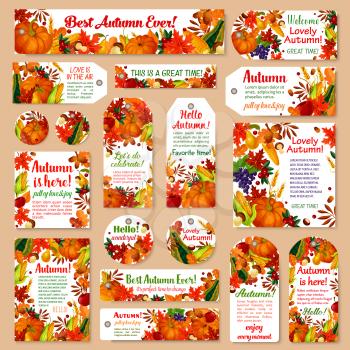 Autumn leaf tag and fall harvest greeting card set. Orange maple foliage, autumn harvest pumpkin and corn vegetable, apple fruit, forest mushroom, acorn and cranberry for fall season holiday design