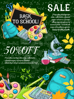 Back to school sale poster with education item chalk sketches on school blackboard. Student book, pencil and paint, scissors, calculator and globe with discount offer layout for shopping design