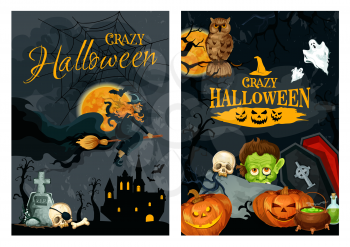 Halloween holiday spooky poster of horror pumpkin lantern, ghost and witch on broom with scary skeleton skull, haunted house and grave, zombie, cauldron and full moon. Halloween party banner design