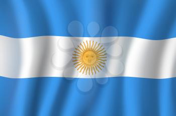 Argentina flag 3D background of blue, white horizontal color stripes and golden sun. Argentinian republic country official national flag waving with curved fabric or waves vector texture