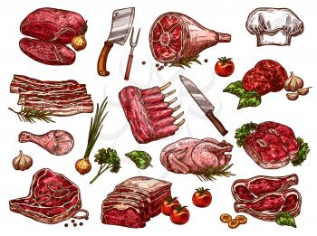 Fresh meat sketch icons for butcher shop or farm market. Vector isolated butchery beefsteak loin, pork tenderloin filet, veal brisket schnitzel, turkey and chicken, mutton ribs and beef hind quarter