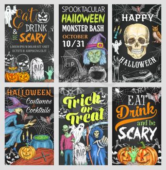 Halloween holiday trick or treat party chalkboard banner. Scary ghost, skull and Halloween pumpkin lantern, bat, spider and horror witch, skeleton, zombie and cemetery grave sketch poster design