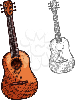 Guitar string musical instrument. Vector sketch symbol of folk or classic acoustic guitar, banjo or ukulele of plucking type ethnic music concert or festival design