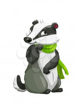 Badger cartoon forest animal with green scarf vector design. Woodland carnivore character with white and black fur, zoo or woodland wildlife cute mascot