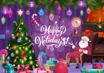 Santa sitting in armchair near fireplace and Christmas tree with gifts, Xmas winter holidays vector greeting card. Claus, red bag, present boxes and pine tree garland with ribbons, balls and stocking