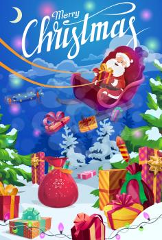 Santa flying on Christmas sleigh with reindeer and Xmas gifts vector design. Claus red sack and present boxes on snow with ribbons, bows and festive lights, star, snowflake, fireworks. New Year design