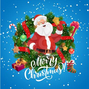 Santa with Christmas bell in frame of vector Xmas wreath. Pine and fir tree, decorated with New Year winter holidays gifts and presents, ribbons, bows and stocking, candy cane, snow and gingerbread