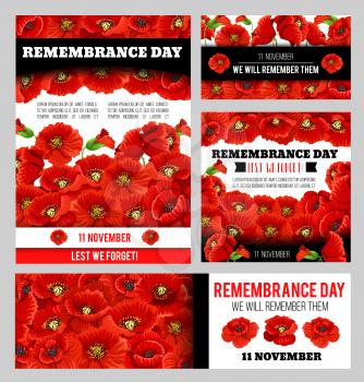 Remembrance Day Lest We Forget poppy banner template set. World War soldier and veteran Memory Day anniversary memorial card with floral frame of red poppy flower and black ribbon