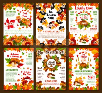 Autumn sale or October seasonal 50 percent discount posters for shop or store design template. Vector autumn seasonal shopping promo set of maple leaf, oak acorn and birch foliage, berry and mushroom