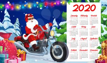 Santa riding motorcycle vector design of New Year calendar template. Santa Claus biker delivering Xmas gifts and presents on motorbike, Christmas tree and red bag with ribbons, bows and lights