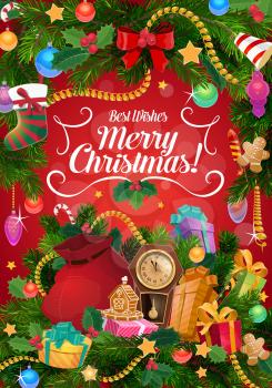 Christmas tree and presents garland vector greeting card with wishes of Merry Xmas. Santa bag and clock with pine and holly branches, ribbon bows, stocking and balls, gingerbread and candies