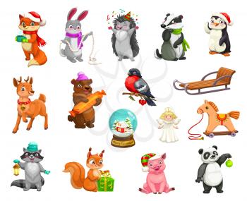 Christmas animals and holiday decorations cartoon icons. Vector animals in Santa hats with Xmas gits, toys and ornaments, reindeer with sleigh in confetti, angel ornament and bunny in winter scarf