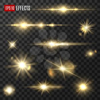 Light shine and golden glitter sparkler, sunlight flashes, vector isolated icons. Gold light star sparks, glittering rays and glowing sparklers with lens flare and bokeh effect