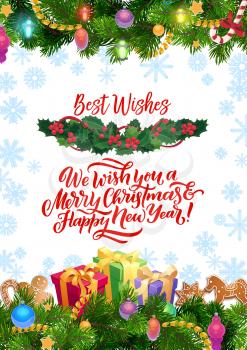 Merry Christmas and Happy New Year greetings and best wishes in Xmas tree ornaments. Vector Christmas holiday Santa present gifts, gingerbread cookies in holly, snowflakes and Xmas tree decorations