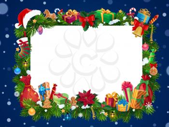 Christmas frame of New Year garland with blank card in center vector design. Xmas gifts, stocking and bell on snowy pine and holly tree branches, presents, Santa hat and red bag, gingerbread and balls