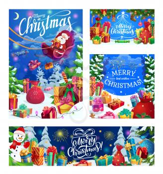 Merry Christmas greeting calligraphy, Santa on reindeer sleigh and Xmas tree decorations. Vector Christmas winter holidays, snowman with New Year gifts, lights and snowflakes or fireworks
