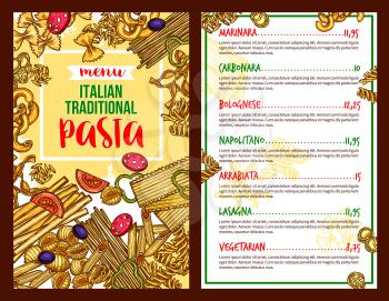 Italian pasta menu sketch for restaurant. Vector spaghetti marinara, fettuccine carbonara or bolognese farfalle and napoletano tagliatelle, arrabiata or vegetarian lasagna. Traditional Italy cuisine
