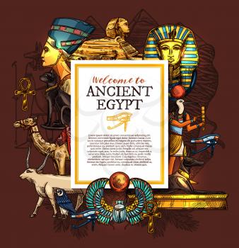 Ancient Egypt travel, history and culture poster, tourist vacation services, architecture landmarks and Pharaoh statues, sphinx and luxor treasures, camel and goat, cat and doberman vector